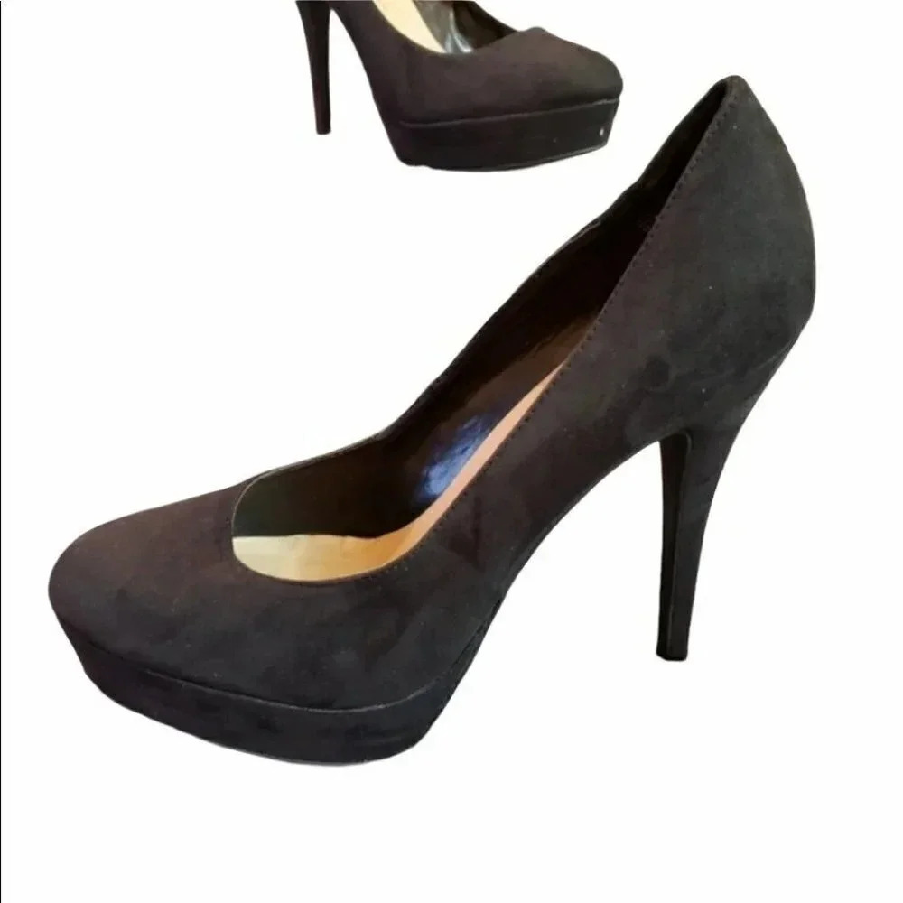 LC Lauren Conrad Johanna Platform Pumps 10 Black Faux Suede Stiletto Round Toe